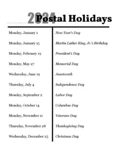 2024 Postal Holidays